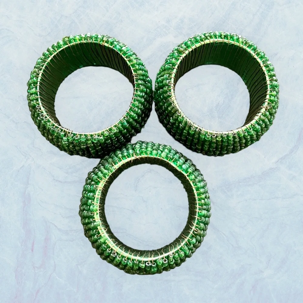 Set of 3 Green Sequin Beaded‎ Napkin Rings